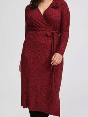 Torrid Midi Dark Red Faux Wrap Dress With Removable Flower Accent Size 2 (18/20)